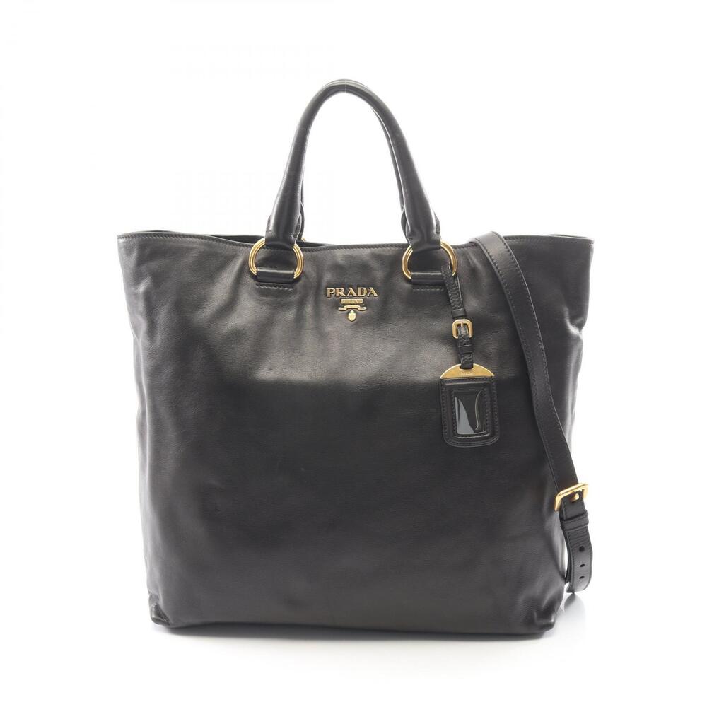 Prada black Vitello Daino soft calf leather tote bag luggage tag Black
